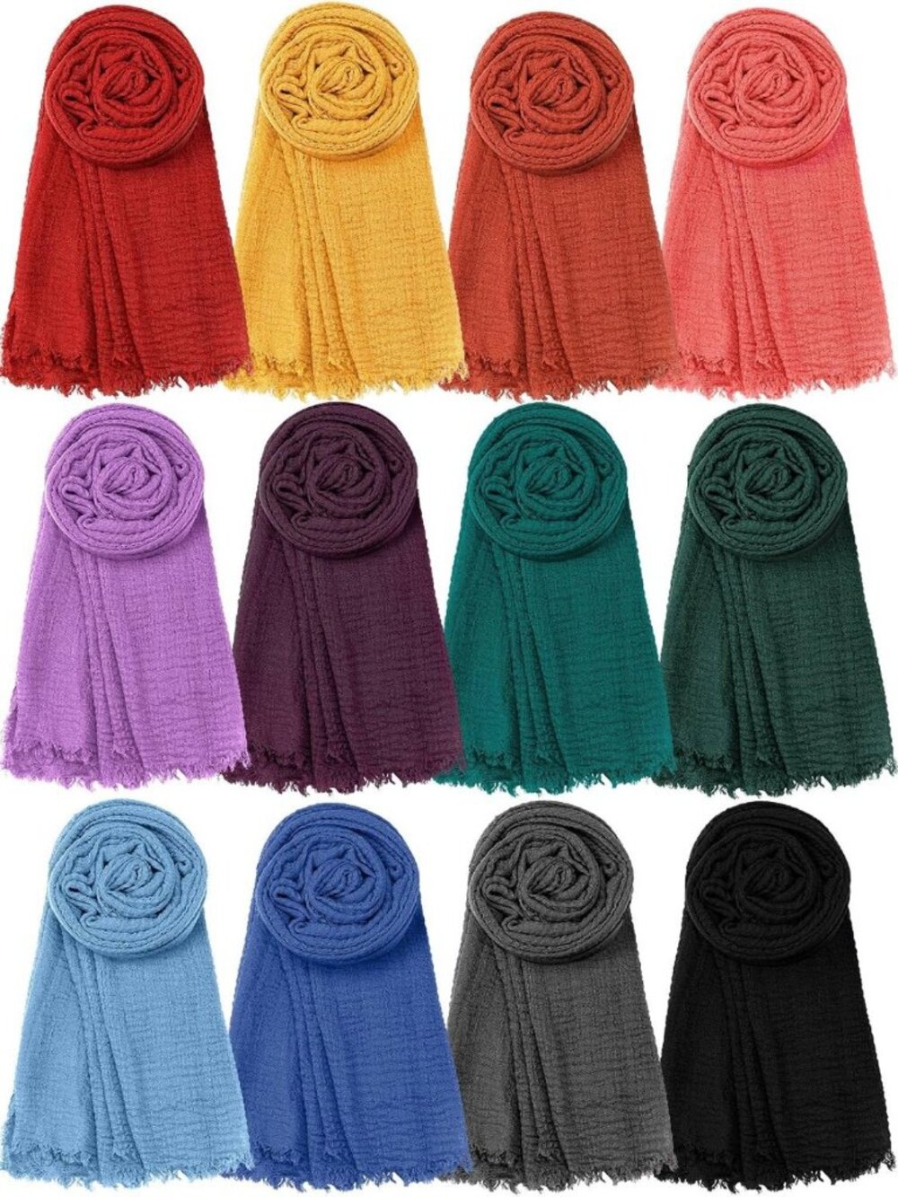 12 Pcs Lightweight Soft Cotton Hijab Scarves - Long Fashion Shawl Wraps for